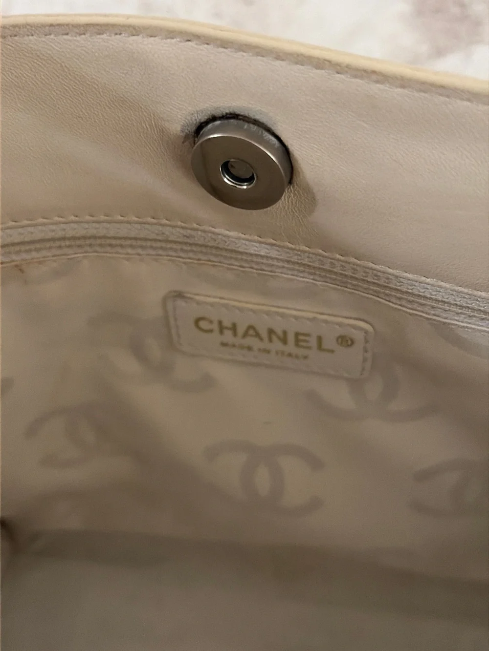 Chanel Small Beige Patent Leather Floral Perforated Tote